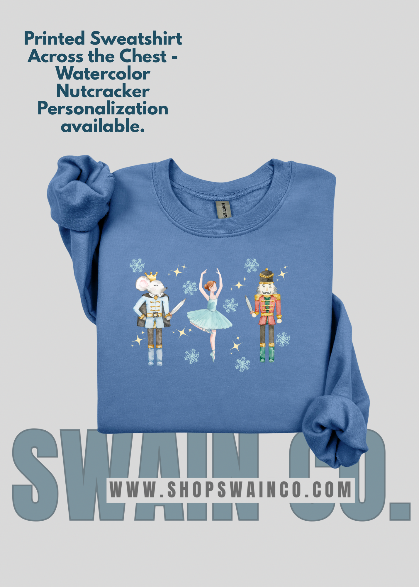 Swain Co. Embroidery & Press - Vente Sweat-shirt à imprimés – femme - Sweatshirt Ballet Casse-Noisette | Casse-Noisette Aquarelle, Clara & Souris | Studio de Danse Personnalisé ou Nom | Pull de Noël Ballet1