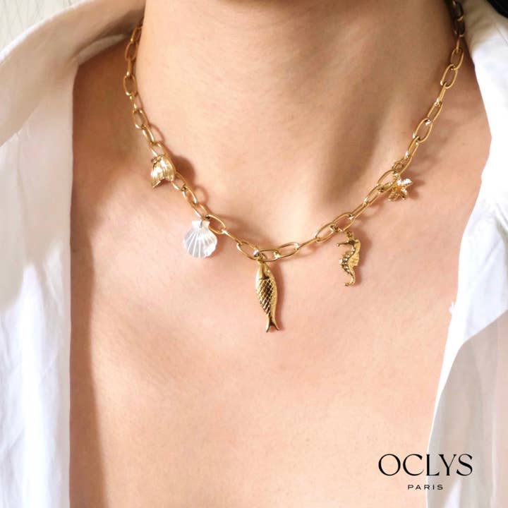 Gold chain necklace with stainless steel charms Sia fish for wholesale by Oclys