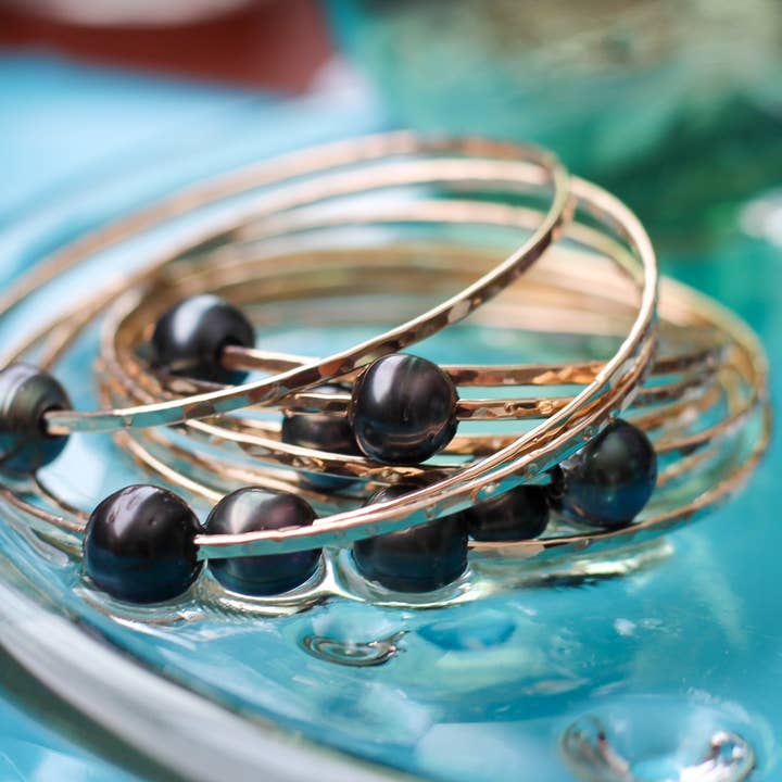 Beach Babe Hawaii - Wholesale Bangle Bracelet - TRIPLE Tahitian Pearl Bangle in 14k Gold-Fill
