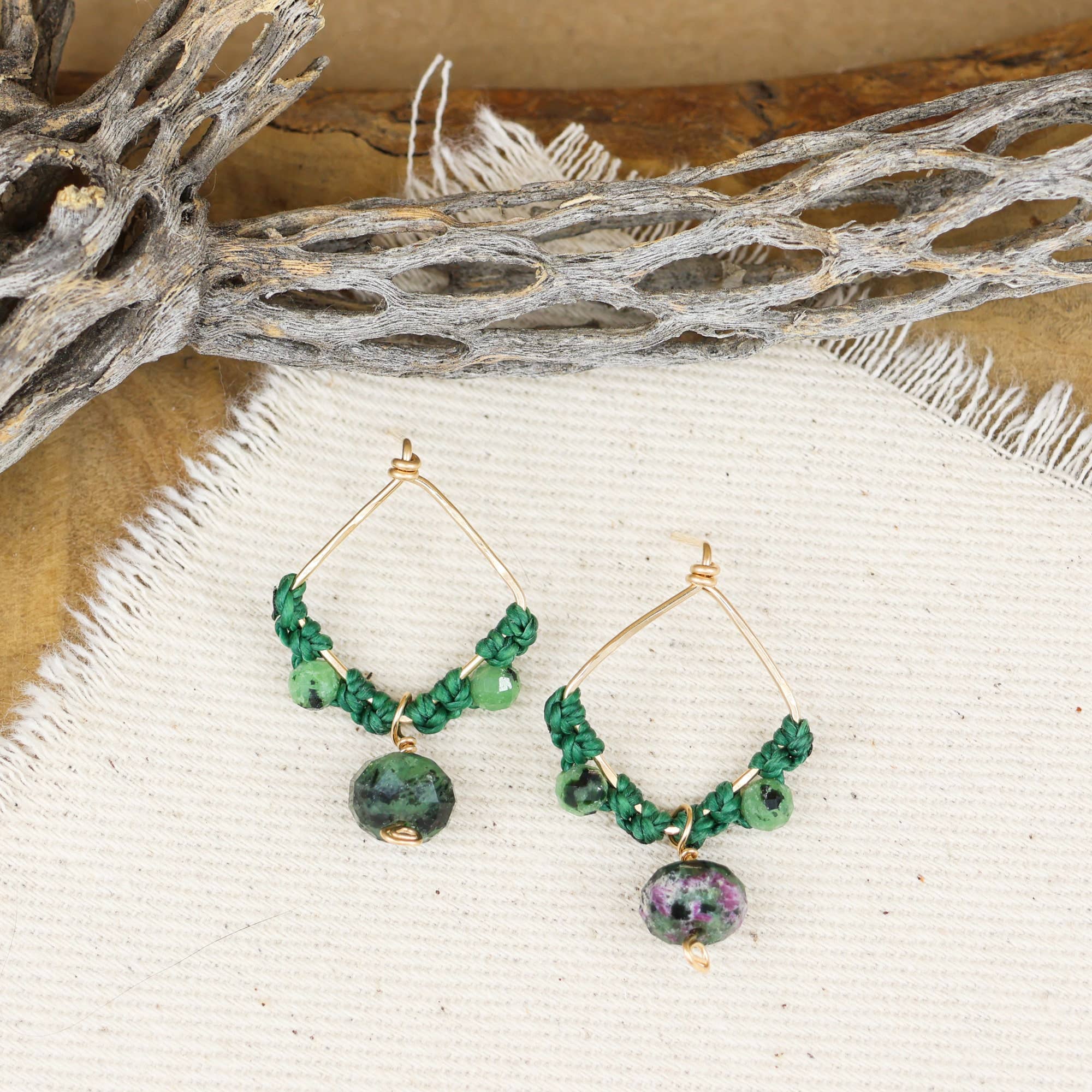 The Stitch Alliance - Wholesale Dangle Earrings - Ruby in Zoisite Drop Earrings, Gold Fill, Handmade, Macrame3