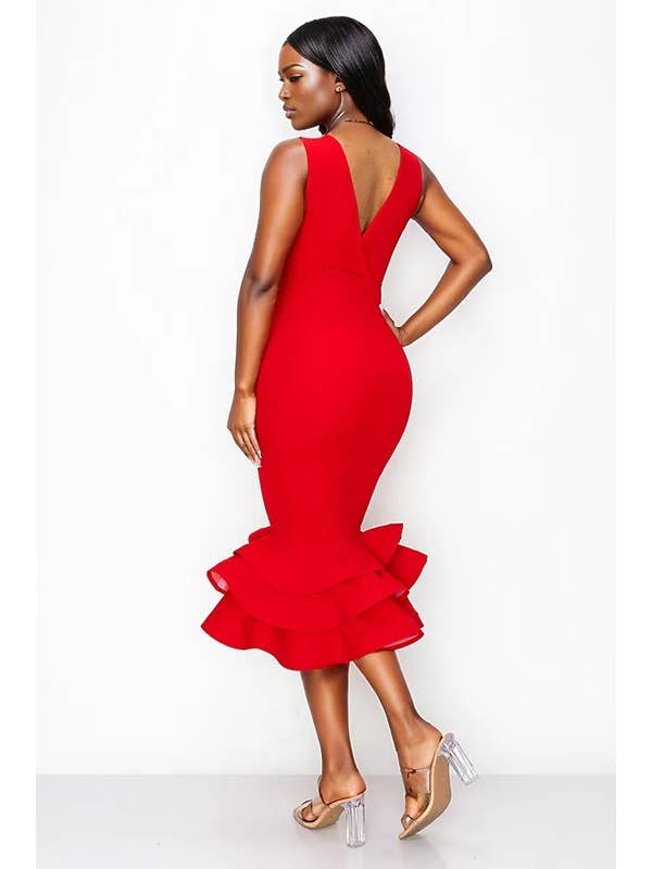 5besties inc - Wholesale Dress - Women's - Valentine V-neck Ruffle Detail Midi Dress.