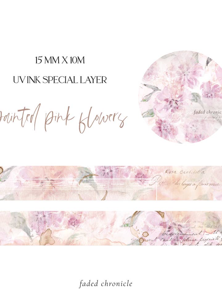 fita washi de flores rosa pintadas 15mm por atacado de Faded Chronicle