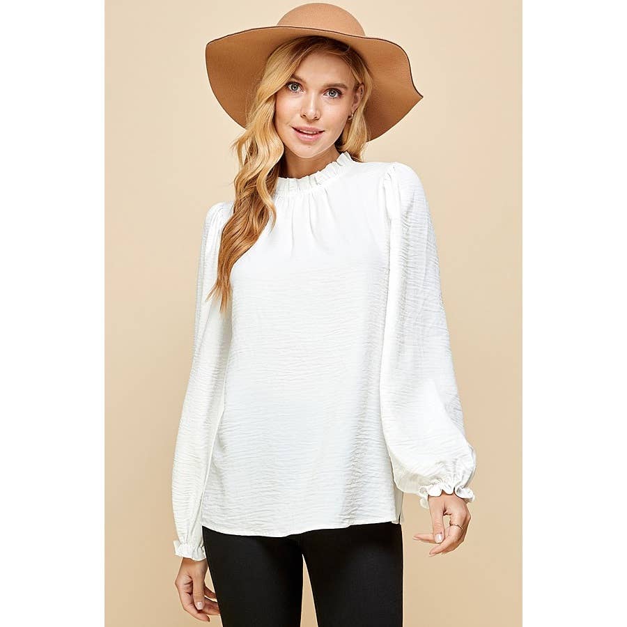 LIME N CHILI - Wholesale Blouse - Women's - Solid Ruffle Mock Neck Balloon Sleeve Blouse3