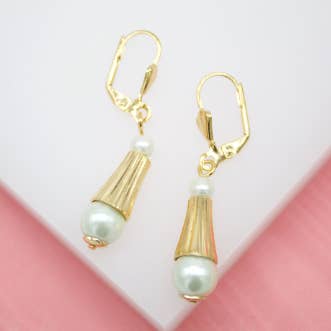 18K Gold Filled Long Golden Dangle Pearl Earrings for wholesale by MIA Jewelry