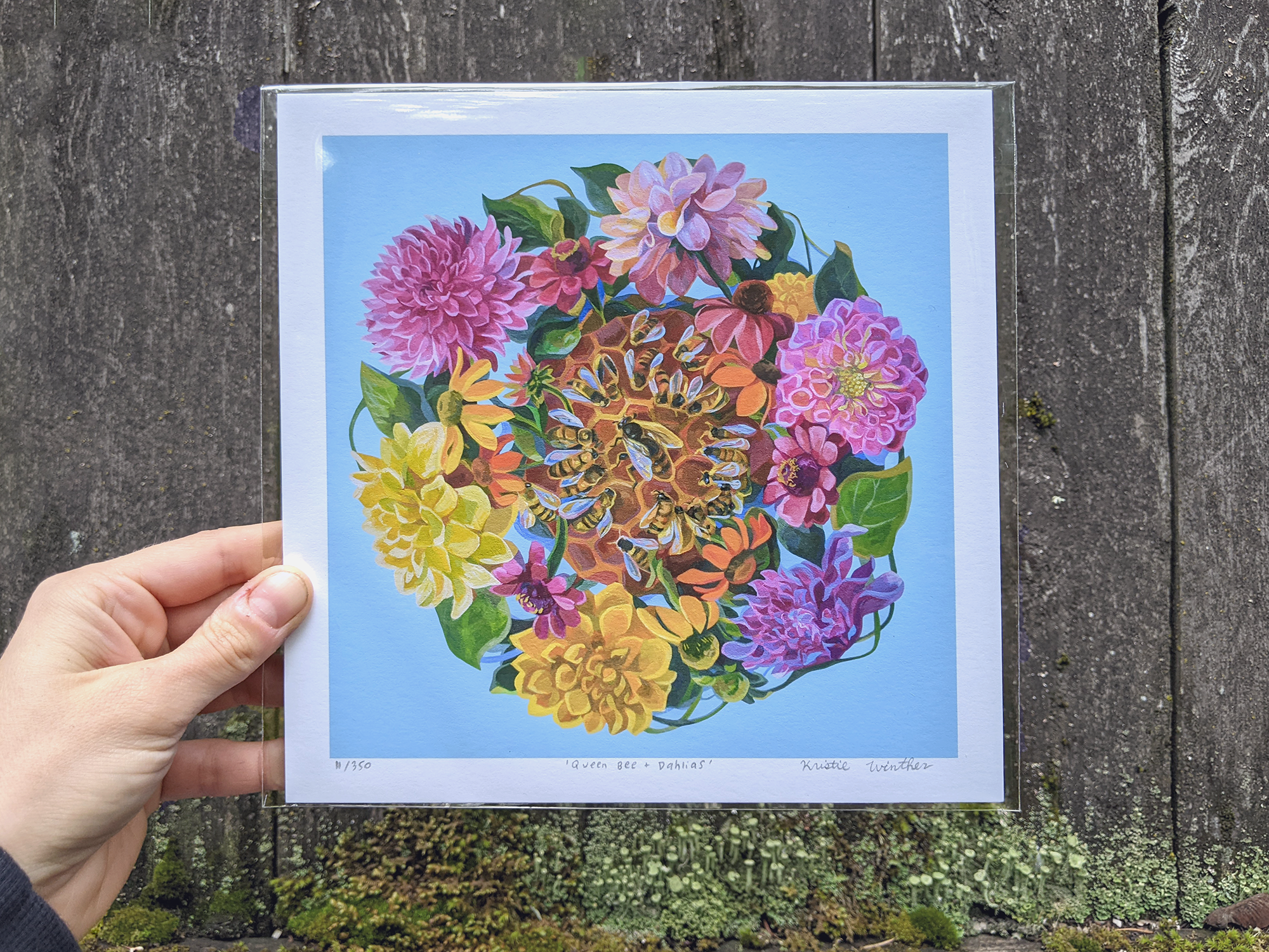 Marigold Art Studios - Wholesale Art Print - Honeybees & Dahlia Flowers Art Print2