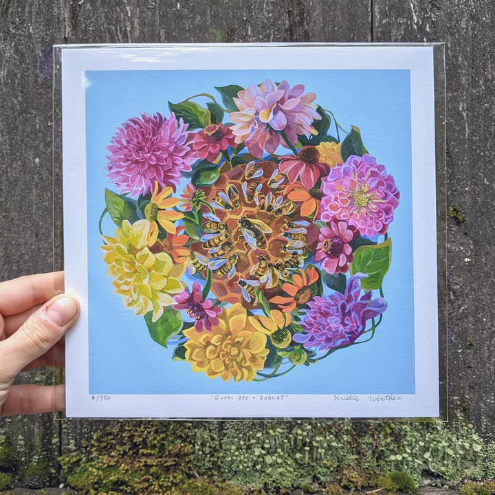 Marigold Art Studios - Wholesale Art Print - Honeybees & Dahlia Flowers Art Print2