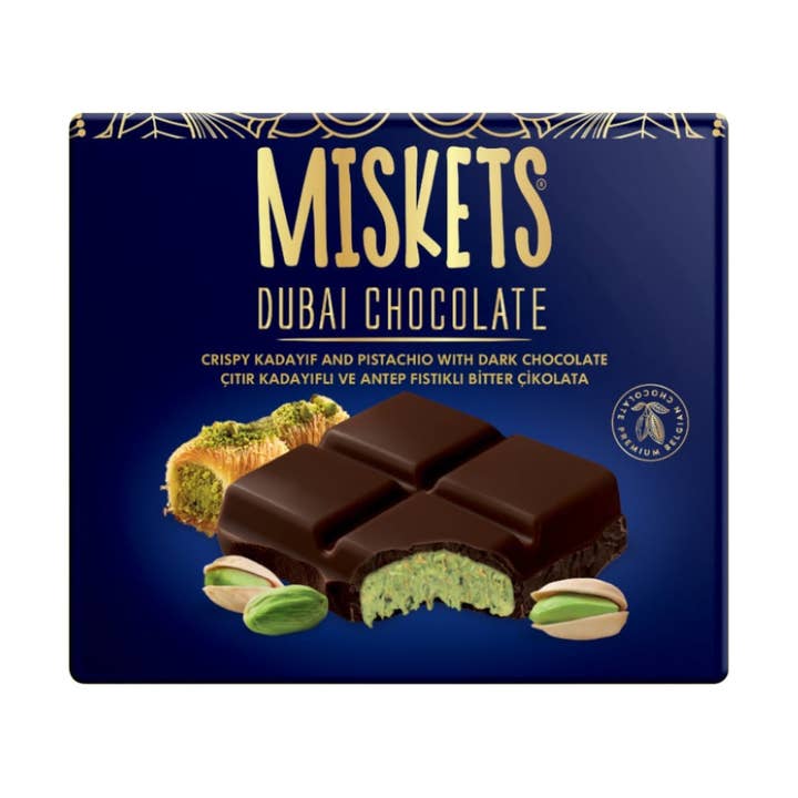 Miskets Dubai Dark Chocolate with Roasted Pastry & Pistachios – 100g ! for wholesale by Trendy Treats