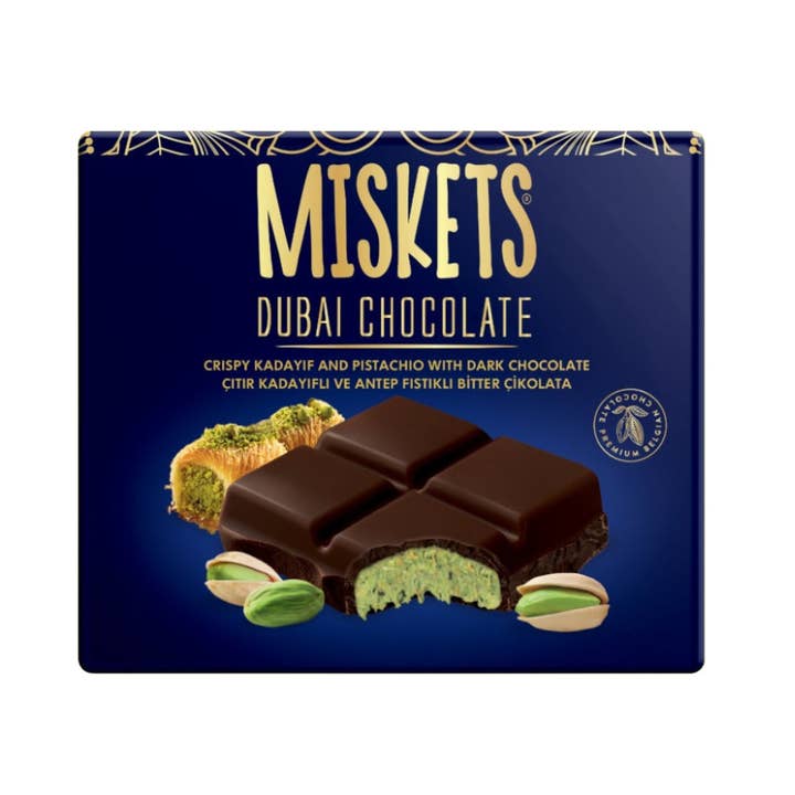 Miskets Dubai Dark Chocolate with Roasted Pastry & Pistachios – 100g ! for wholesale by Trendy Treats