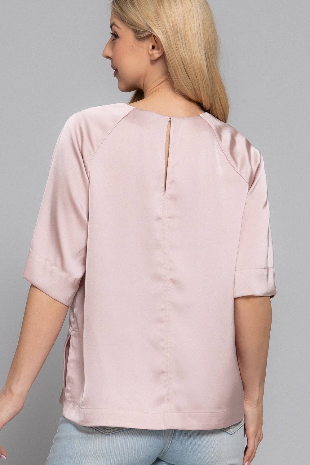 Active Basic | Active USA - Wholesale Blouse - Women's - Raglan Elbow Sleeve Side Slit Back Closure Satin Blouse13
