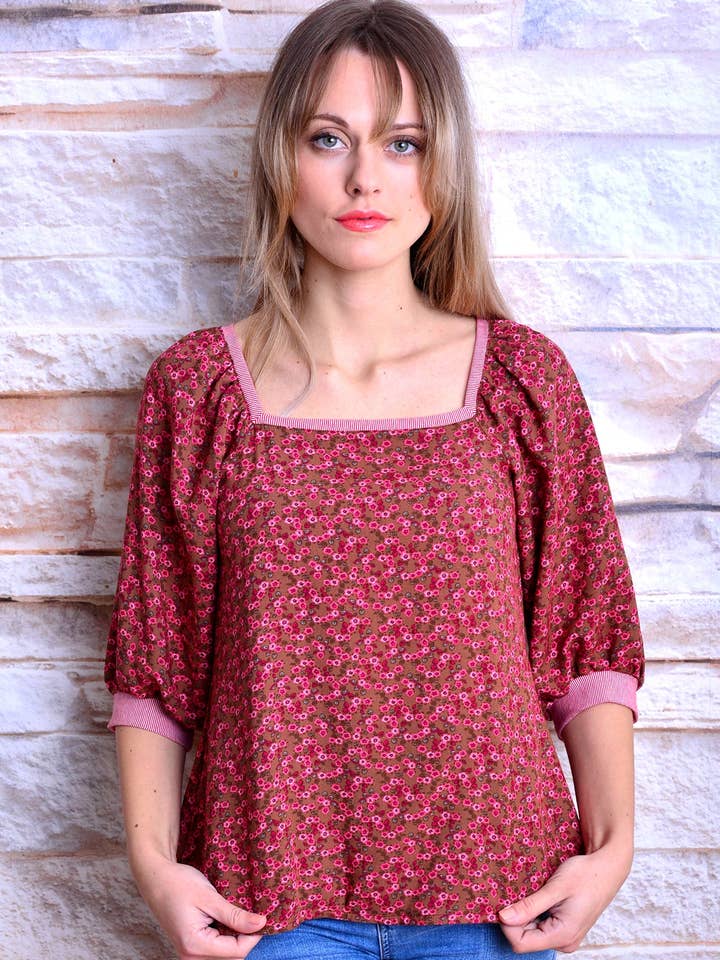 Bluse STEFANIE braun Blumen pink Streifen von STADTKIND POTSDAM für den Großhandel von Stadtkind Potsdam
