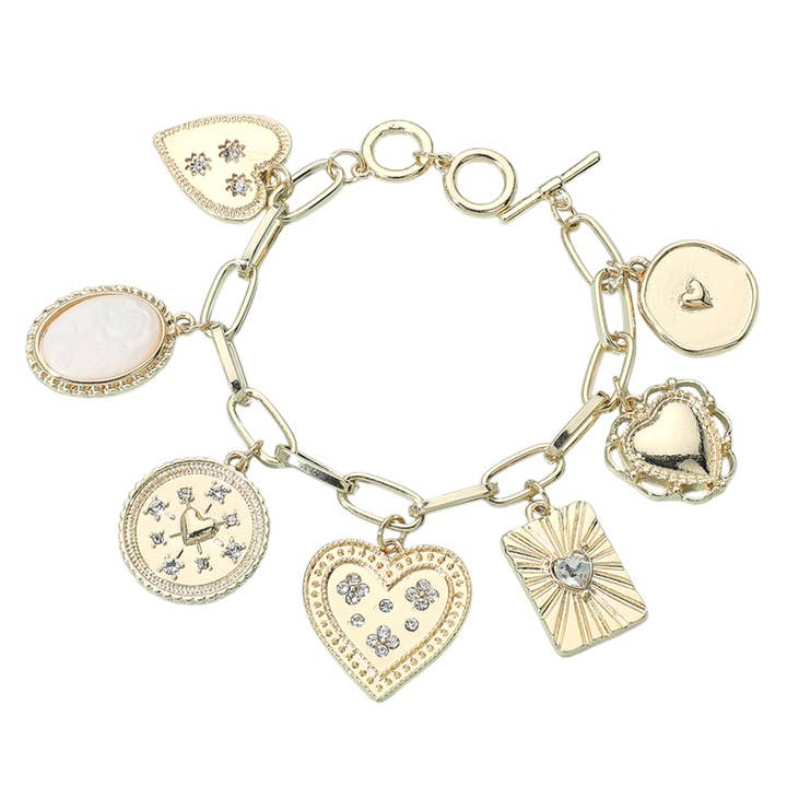 Sensibling Corp. - Wholesale Charm/Dangle Bracelet - Stone Paved Heart Oval Stone Charm Station Toggle Bracelet