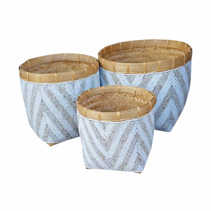 Decorative Beaded Planter Basket-White/Natural for wholesale by The Artisan and Company