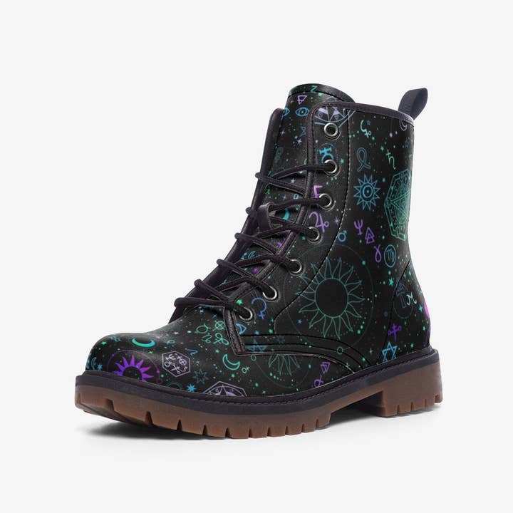 Black Celestial Boots, Combat Boots Women, Witchy Boots, Handcrafted Boots, Ankle Boots, Boots Womens, Hippie Boots, Celestial Gifts, Astral Print for wholesale on Faire