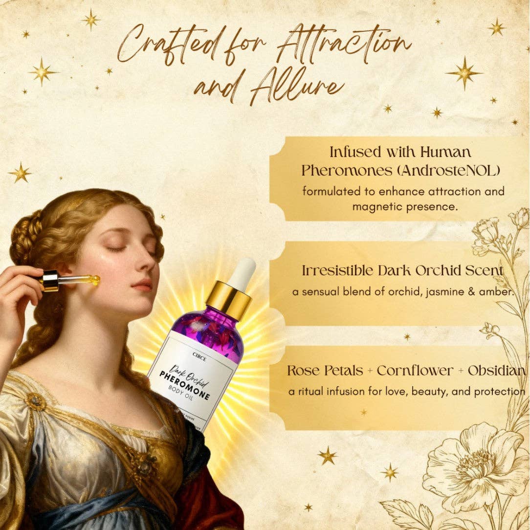 CIRCE - Wholesale Bath/Body Oil - Dark Orchid Pheromone Body Oil 4oz - Wholesales - Orchid, Jasmine & Amber Scent w/ Rose Petals, Blue Cornflower & Black Obsidian1