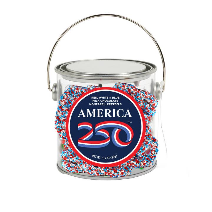 PAINT CAN RED WHITE & BLUE MILK CHOC NONPAREIL PRETZELS for wholesale by AmuseMints