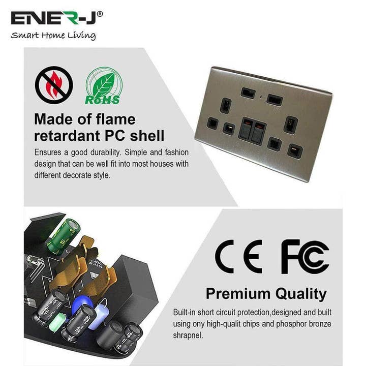 ENER-J – wholesale Power adapter – Smart Twin Wall Sockets with Usb 2 Usb Ports, (Silver)