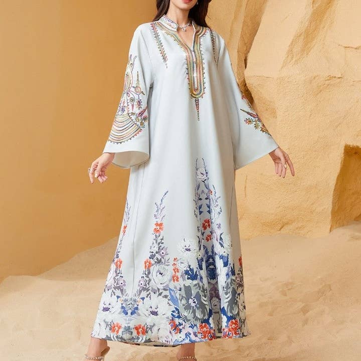 LIGHT GRAY Muslim Rope Embroidered Robe for wholesale on Faire1