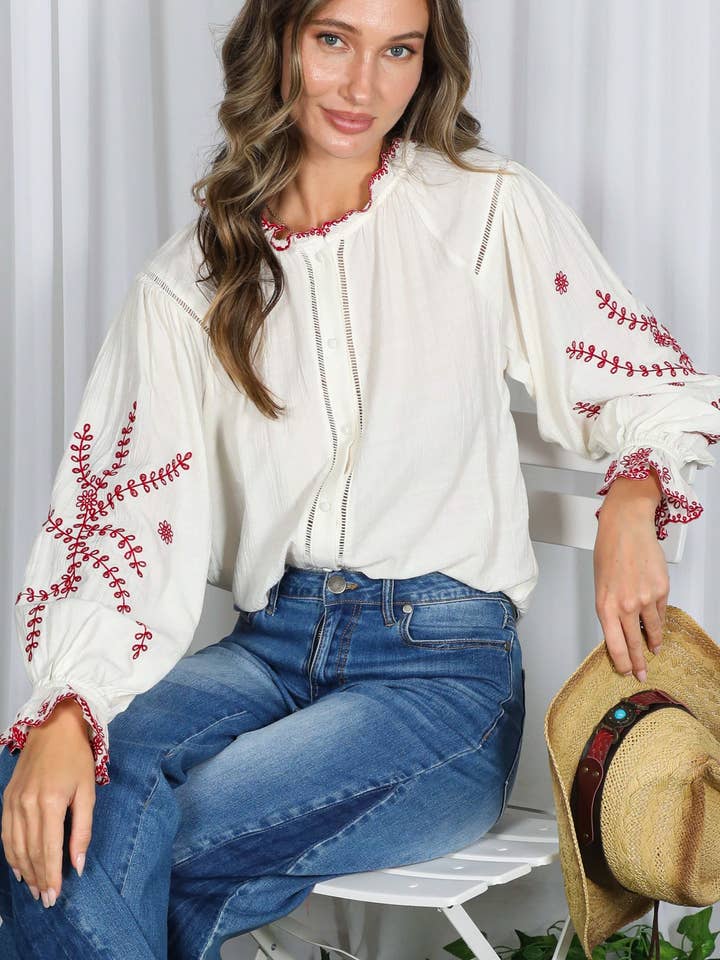 Ruffle Neck Floral Embroidered Boho Blouse Top VT82905 for wholesale by Vine & Love