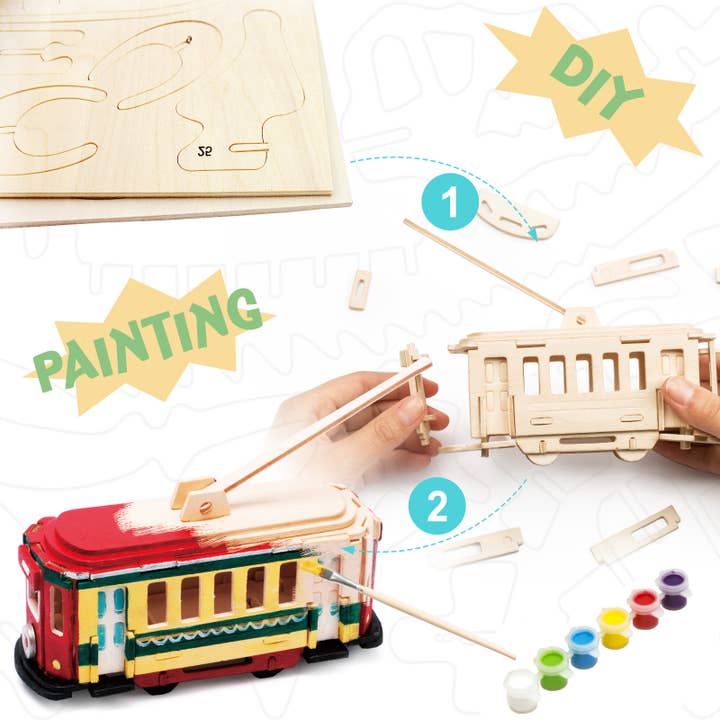 Hands Craft - Wholesale Puzzle - Kids - 3D Wooden Puzzle with Paint Kit: Trolley