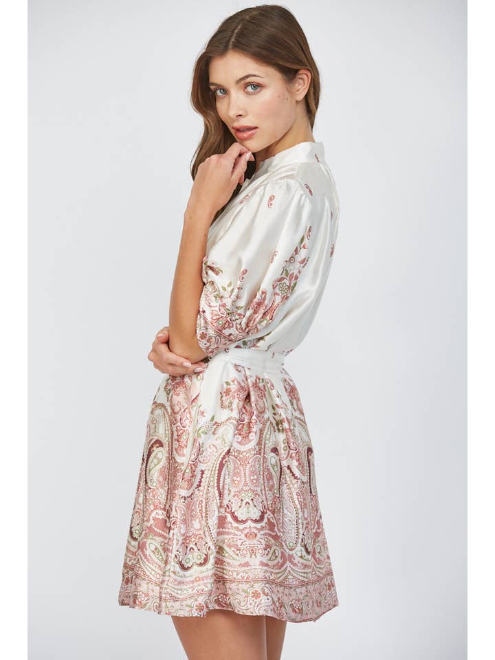 CREAM MULTI BORDER PRINT SATIN SELF WAIST TIE BUTTON FRONT DRESS FD30317 for wholesale on Faire