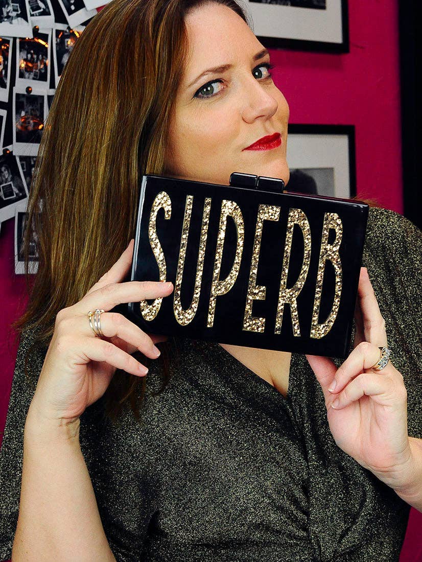 Betsy Dare - Wholesale Clutch Bag - Women's - Gold Glitter Superb Black Acrylic Cyndi Clutch1