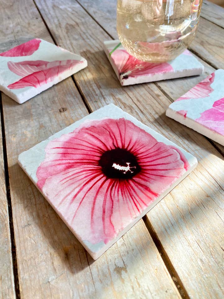 Pink Rose of Sharon Coaster Set for wholesale by India & Purry by Jessica Hollander
