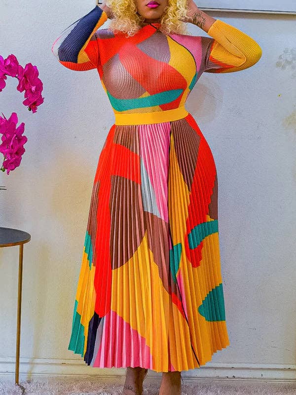 Sheer Trend - Venta al por mayor Conjuntos de top y falda - Mujer - Conjunto de dos piezas de blusa de manga larga con cuello simulado, estampado plisado de color contrastante y falda en talla grande.7