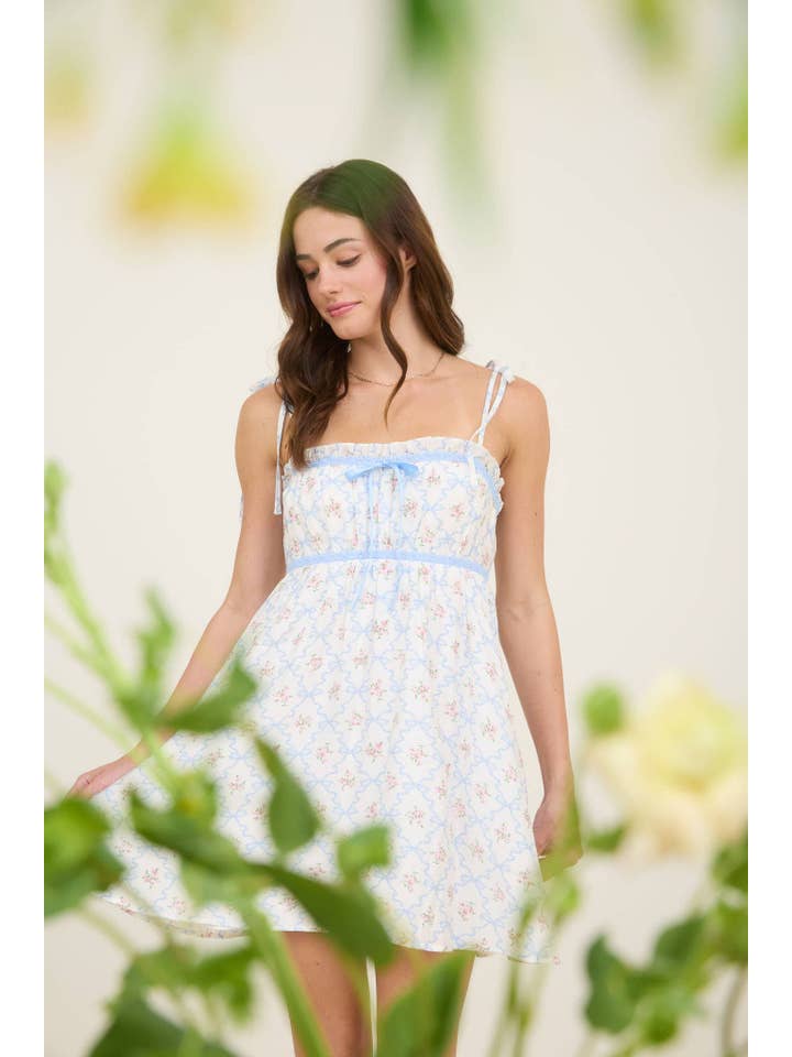 MINE - Wholesale Dress - Women's - FLORAL BOW PATTERN TIE STRAP MINI DRESS