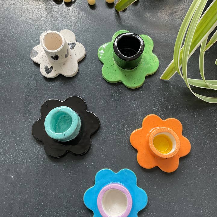 Clay flower candle holder for wholesale by Clay Crown Ceramics
