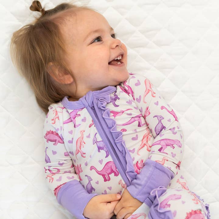 Keslyn Dinosaurs Bamboo Ruffle Convertible Footie for wholesale by Laree + Co.