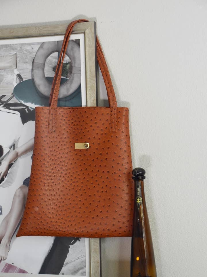 The North-South Tote — Saddle 'Ostrich' for wholesale by KMC Handbags