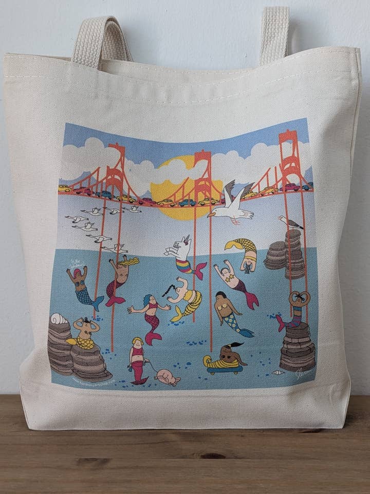 Golden Gate Mermaids tote bag for wholesale by Harmony Art Shop