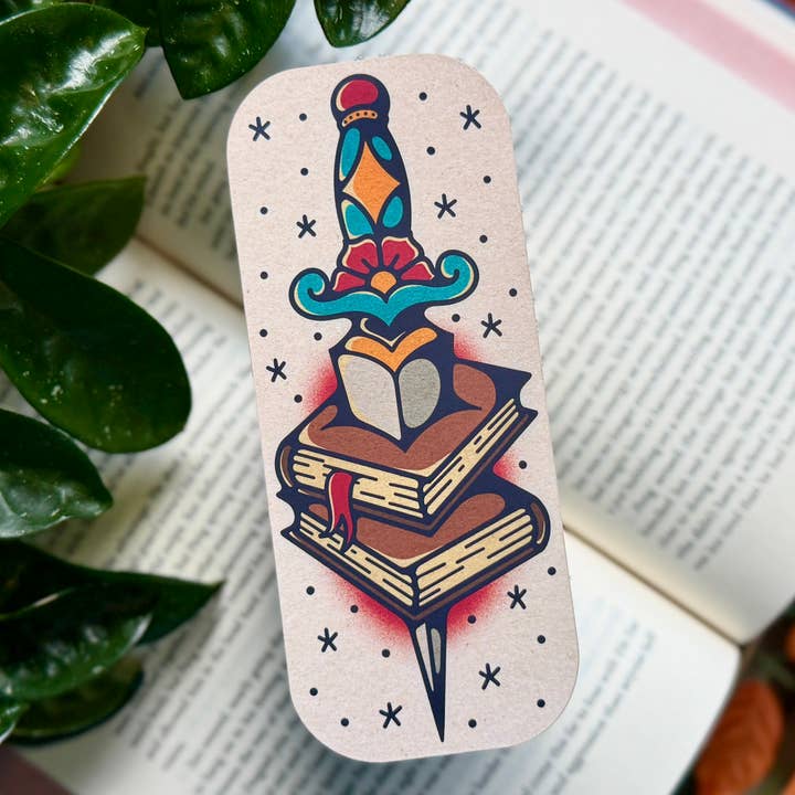 Book and Dagger Bookmark, Soft Matte Double-sided Bookmark for wholesale by Mourning Breath Shoppe