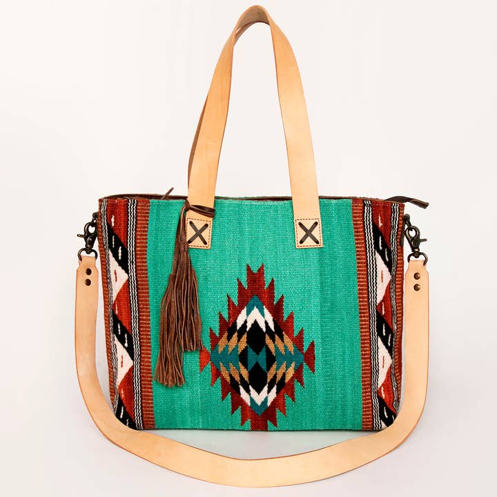 LS Western - Wholesale Tote Bag - Women's - LC-ADBG575D Southwestern Wool Tote with Natural Leather Straps Handwoven Tribal Pattern & Tassel16