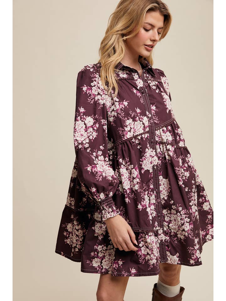 Listicle - Wholesale Dress - Women's - Floral Tiered Shirt Dress LD147015