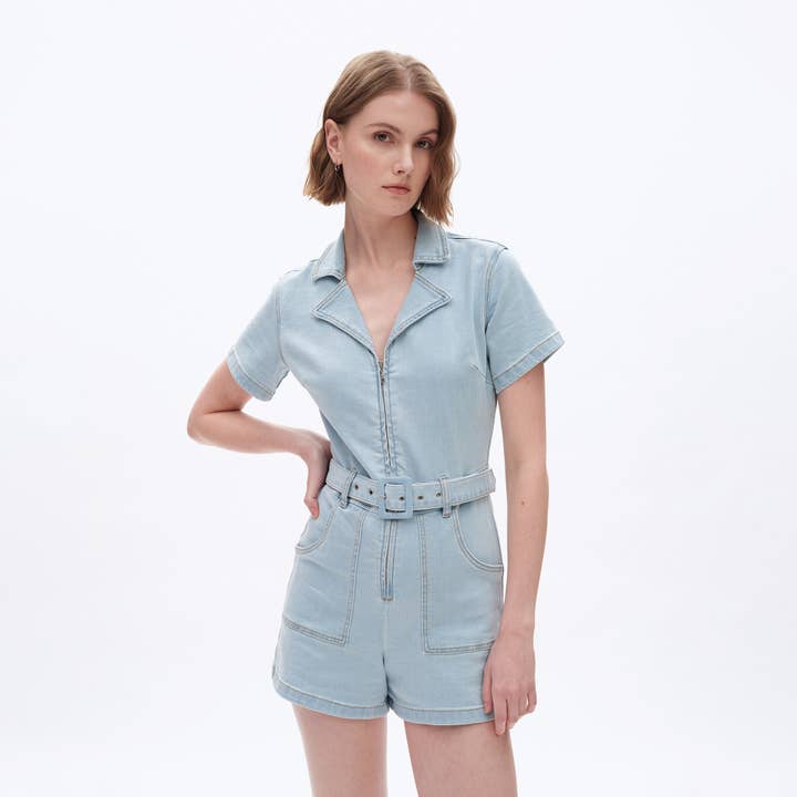 LIGHT BLUE V-NECK DENIM ROMPERS WITH FINISHED HEM BYRL017 for wholesale on Faire