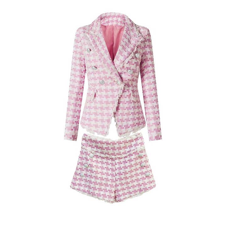 Productseeker - Wholesale Suit Set - Women's - SET063 Elegant Pink Houndstooth Suit Set