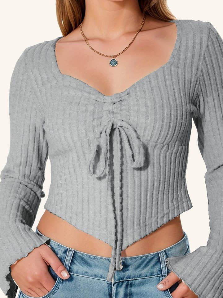 NINEXIS - Wholesale Blouse - Women's - CWTBLL3790_V NECK DRAWSTRING FLARE SLEEVE CROP TOP5