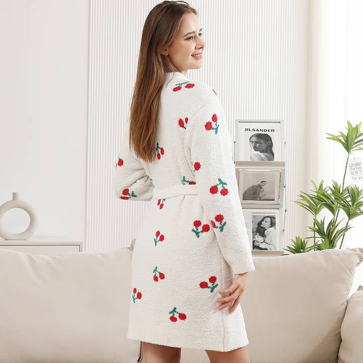 Cute Cherry Print Cozy Robe with Pocket & Belt for wholesale on Faire1
