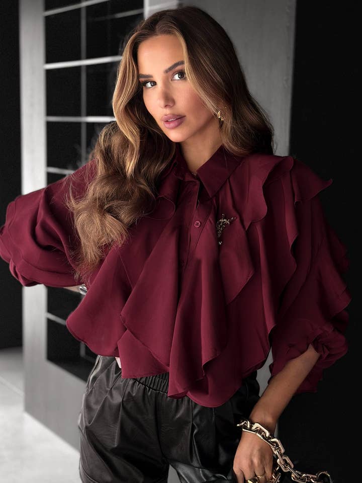 Wine Whitney Ruffle Layered Shirt Blouse-Wine for wholesale on Faire0