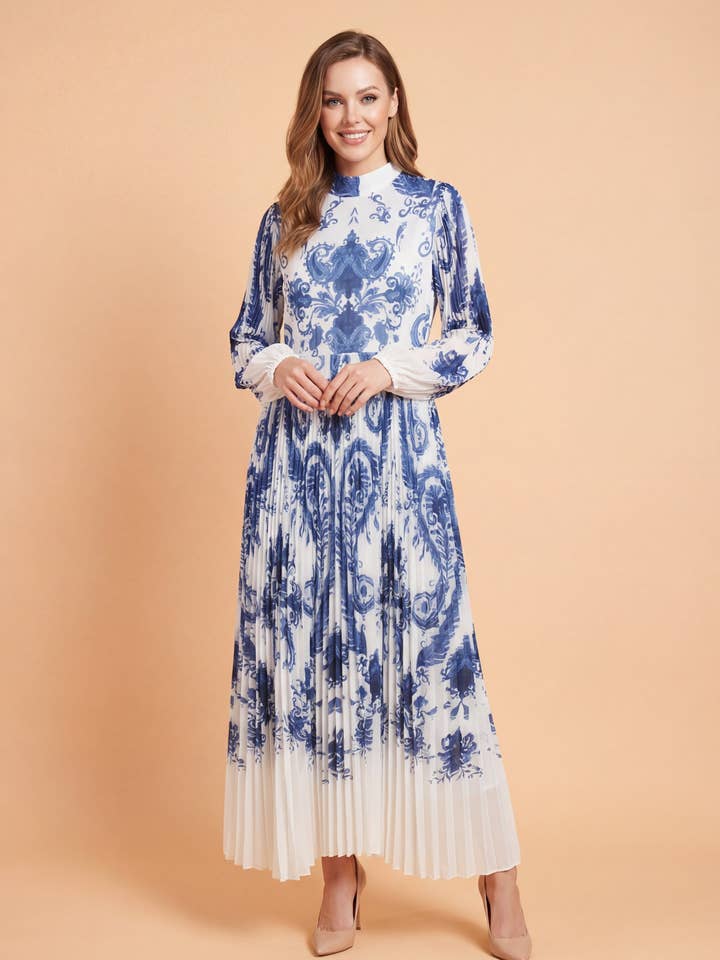 X8046 PORCELAIN PRINT PLEATED MAXI DRESS for wholesale by N by Nancy
