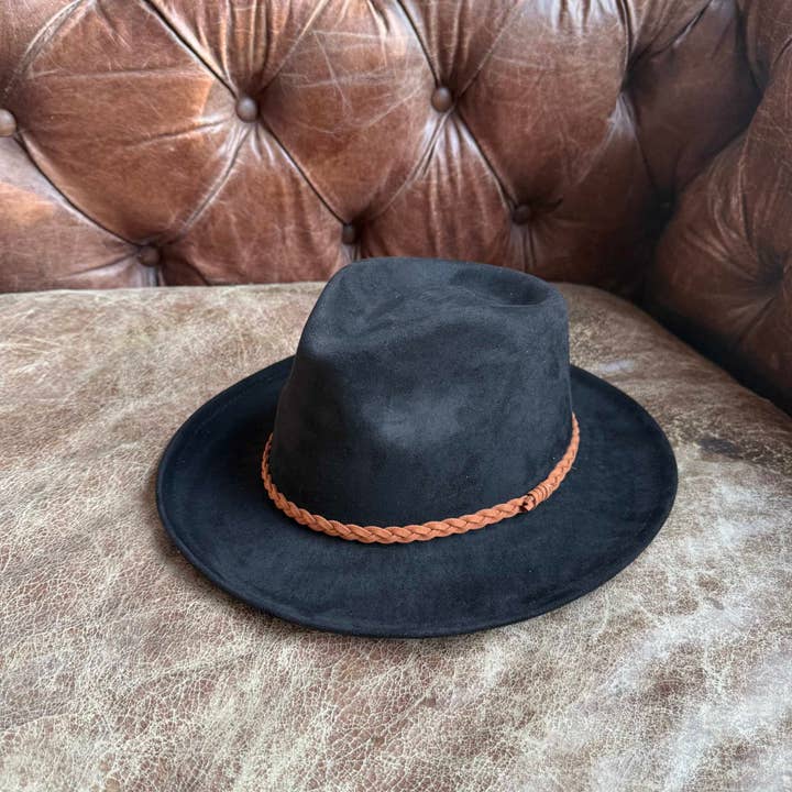 Queens INC - Wholesale Hat Accessory - Women's - Stiff Brim Rancher in Suede Hat W/ Braided Suede Belt