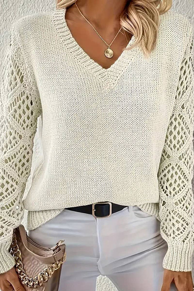 NINEXIS - Vente Pull en maille – femme - CWOSWL5807_HOLLOW HAUT EN TRICOT À MANCHES LONGUES ET COL EN V2