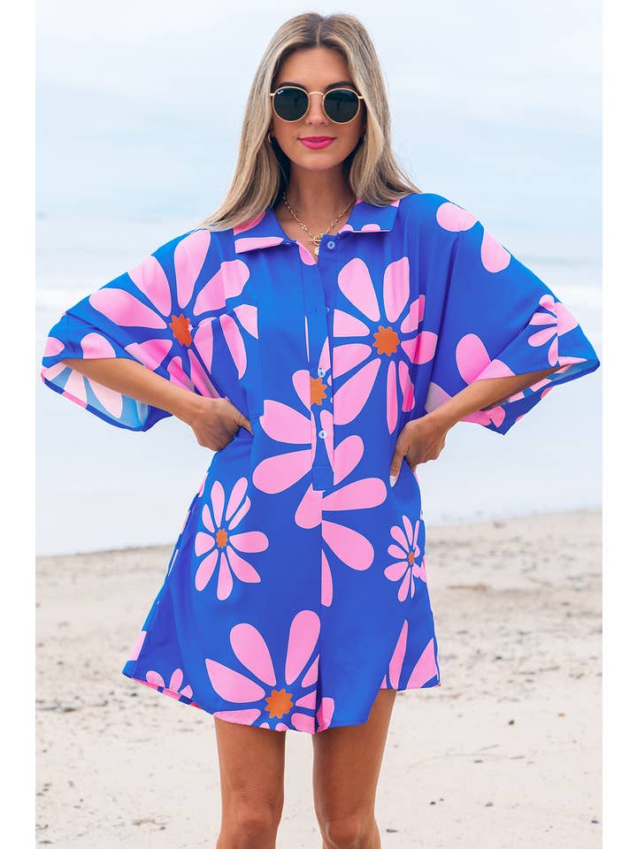 As shown Big Floral Summer Loose Fit Tunic Shirt Romper | S-XL for wholesale on Faire