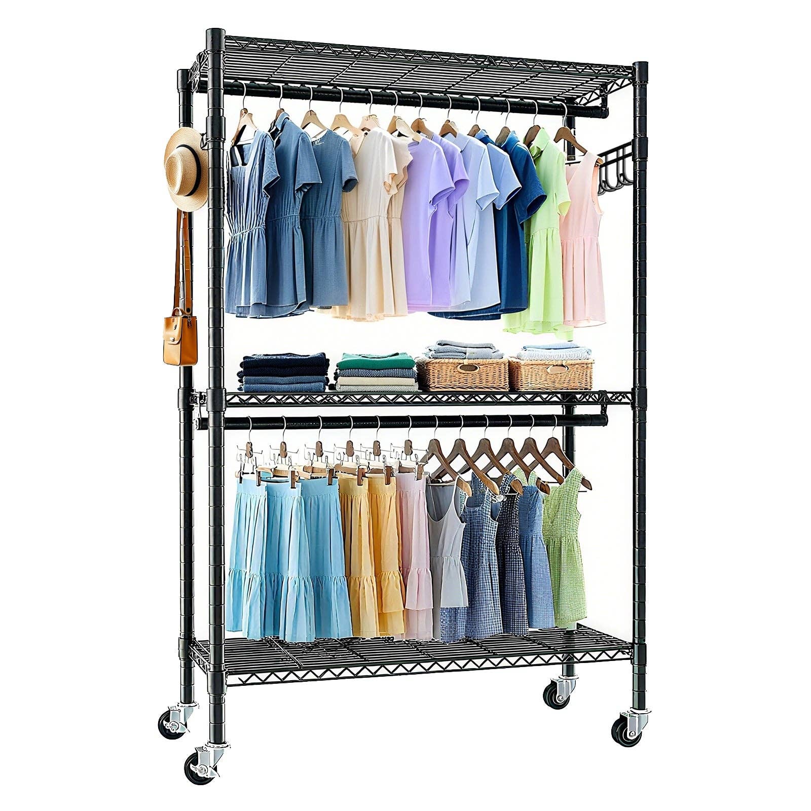 39F Inc. - Wholesale Coat Rack - Black Heavy Duty Rolling Clothes Rack with Shelves & Hooks2