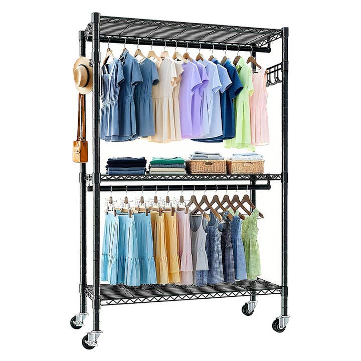 39F Inc. - Wholesale Coat Rack - Black Heavy Duty Rolling Clothes Rack with Shelves & Hooks2