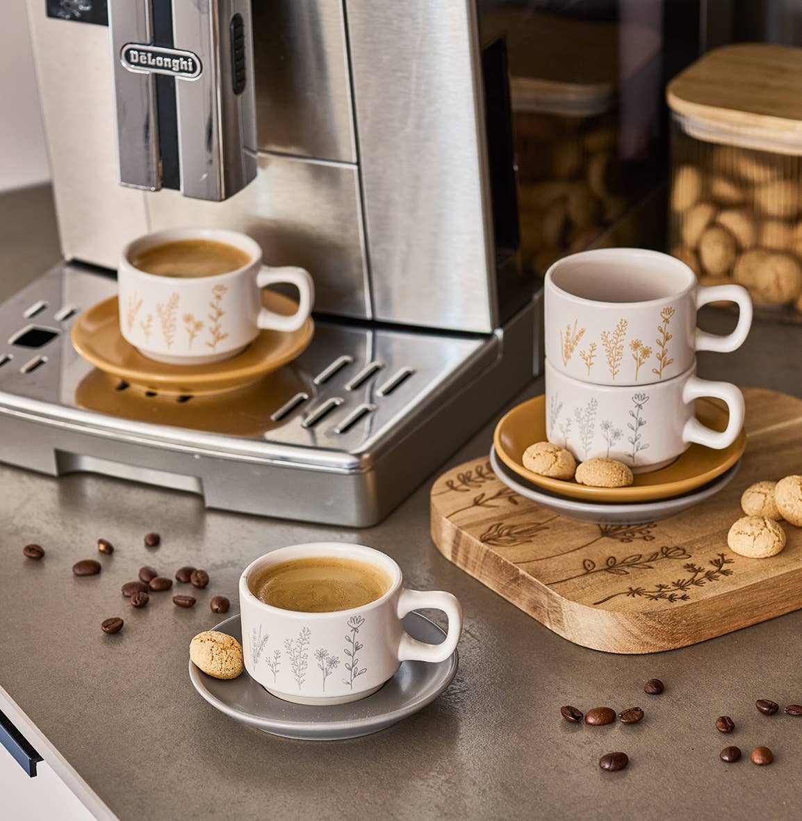 White Gray Ochre Yellow Espresso Set "Flowers", 8-Piece, Stoneware for wholesale on Faire1