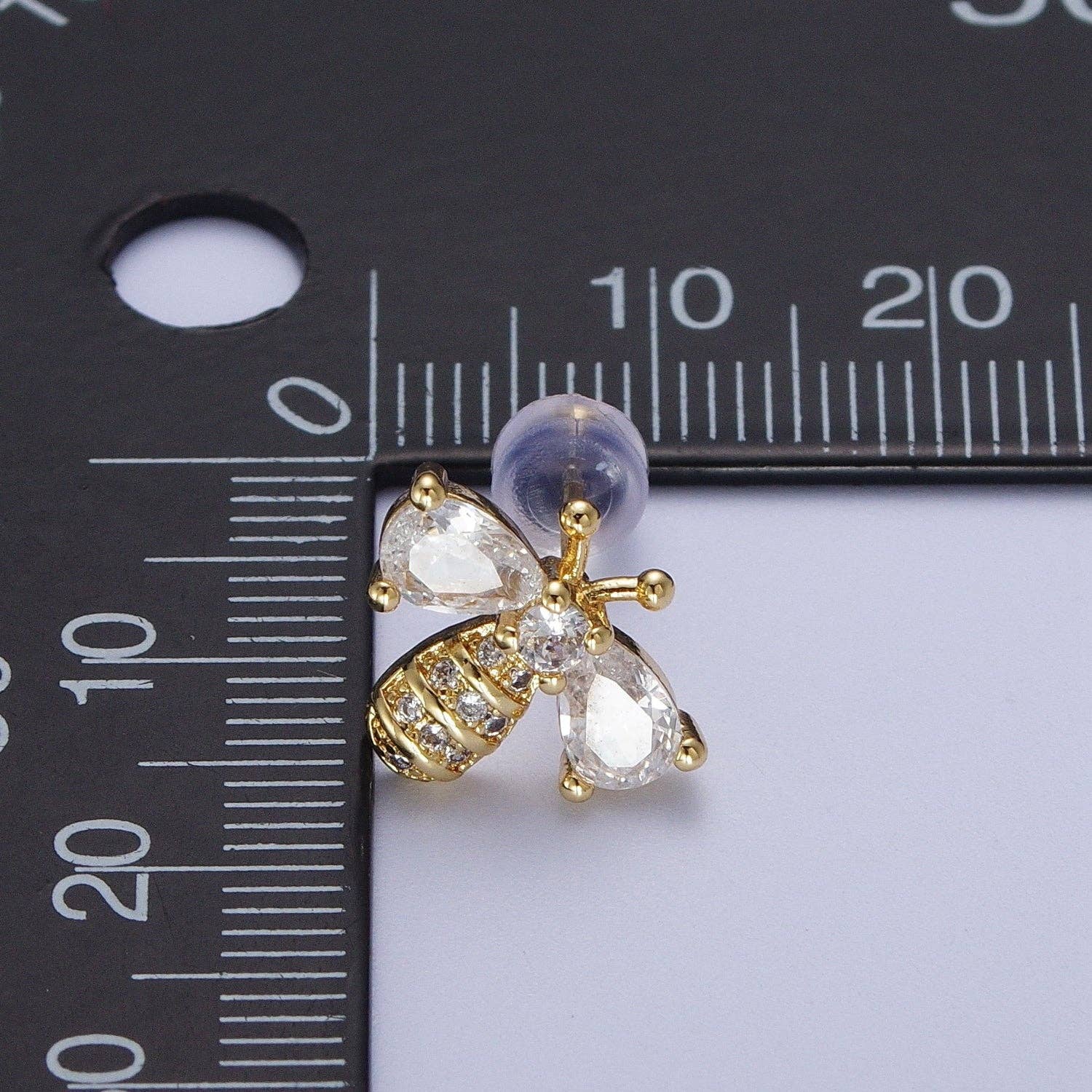 Aim Eternal - Wholesale Stud/Post Earrings - 14K Gold Filled Micro Paved Bumble Queen Bee Cubic Zirconia Gold Stud Earrings | X9343