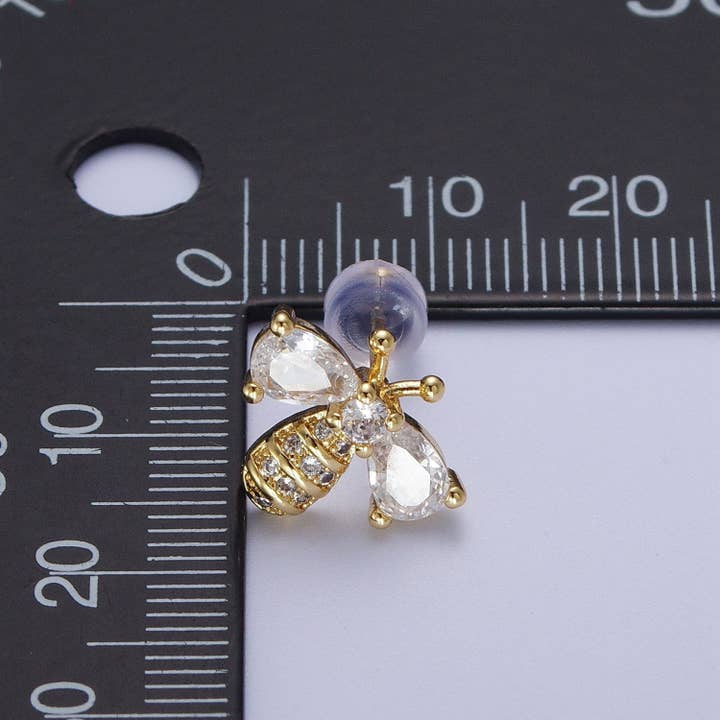 Aim Eternal - Wholesale Stud/Post Earrings - 14K Gold Filled Micro Paved Bumble Queen Bee Cubic Zirconia Gold Stud Earrings | X9343