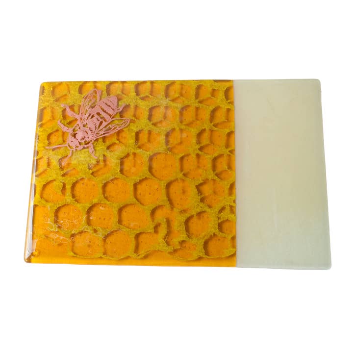 Kiku Handmade | Contemporary Fused Glass Home Goods - Wholesale Cheese Board - Honeybee 7x11" Fused Glass Cheese Plate2